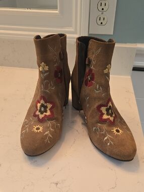Women’s Tan Suede Embroidered Ankle Boots - Floral Detail